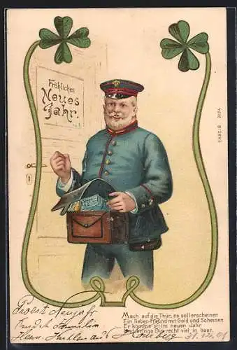 AK Briefträger mit Geld klopft an die Tür mit der Jahreszahl 1901