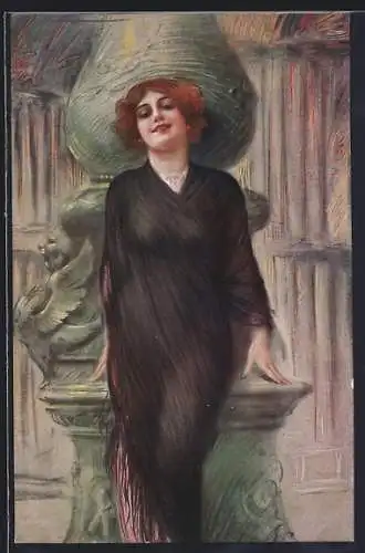 AK Frau vor einer Steinfigur, Art Deco