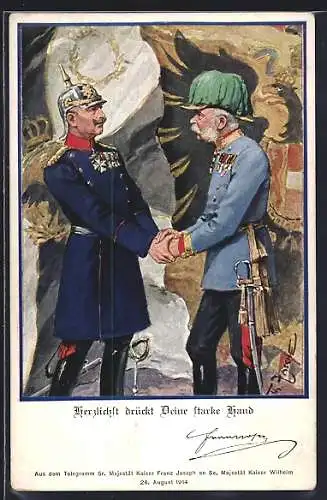 Künstler-AK Th.Zasche: Herzlichst drückt Deine starke Hand, Kaiser Franz Josef I. von Österreich & Kaiser Wilhem II.