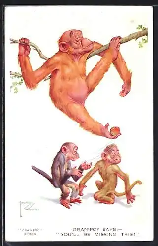 Künstler-AK Lawson Wood: vermenschlichter Affenvater stiehlt seinem Sohn einen Apfel