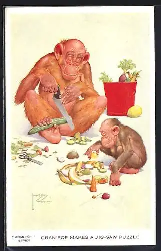 Künstler-AK Lawson Wood: Gran`Pop makes a Jig-Saw Puzzle, Affen schneiden Obst und Gemüse