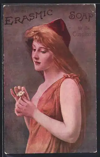 Künstler-AK Reklame für Erasmic Soap, Frau mit Blume