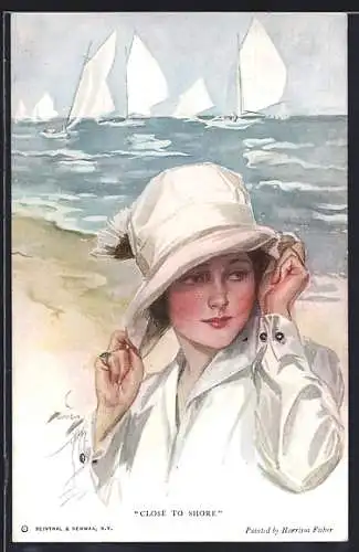 Künstler-AK Harrison Fisher: Close to Shore, Frau mit Hut