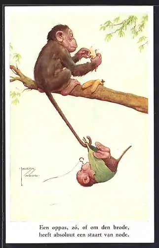 Künstler-AK Lawson Wood: Affe sitzt auf dem Ast und isst Banane, ein Baby schaukelt am Schwanz