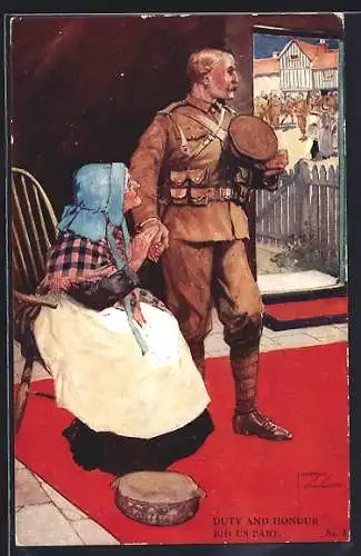 Künstler-AK Lawson Wood: US-Soldat in Uniform hält die Hand eines alten Mütterleins