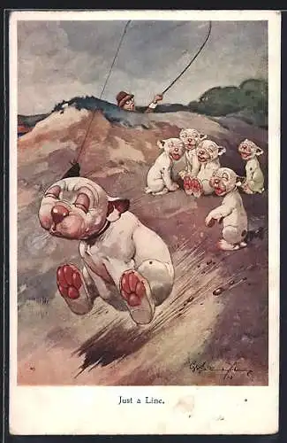 Künstler-AK George Ernest Studdy: Hund wird von einer Angel erwischt