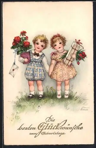 Künstler-AK Hannes Petersen: zwei Kinder mit Blumen und Geschenken