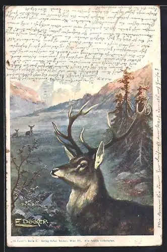 Künstler-AK E. Döcker: Jagdeinladung mit Hirsch