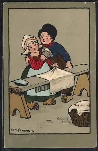 Künstler-AK Ethel Parkinson: Mann umarmt Frau beim Bügeln, Holländische Tracht mit Holzschuhen, Ironing Day