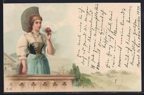 AK Junge Frau in Tracht mit Hut und Blume