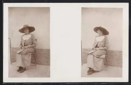 Foto-AK Frau mit Hut sitzt auf einem Stuhl