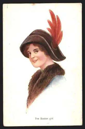 Künstler-AK Boston, Junge Dame mit Federhut