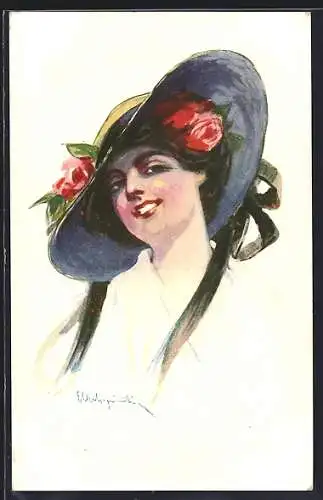 AK Junge lächelnde Dame mit Blumenhut