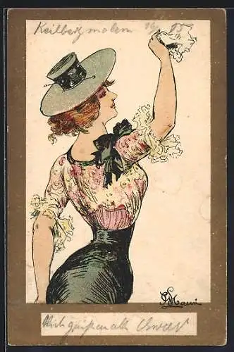 AK Elegante Dame mit Hut und Taschentuch