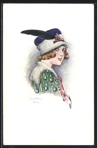 Künstler-AK sign. C. Santini: Portrait einer Dame mit Hut und Feder
