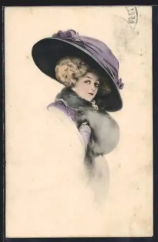 AK Elegante Dame in winterlicher Kleidung mit Hut