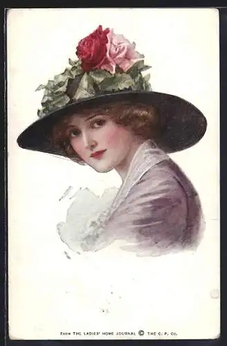 AK Junge elegante Dame mit Blumenhut