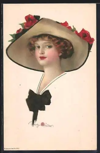 AK Junge hübsche Dame mit Blumenhut