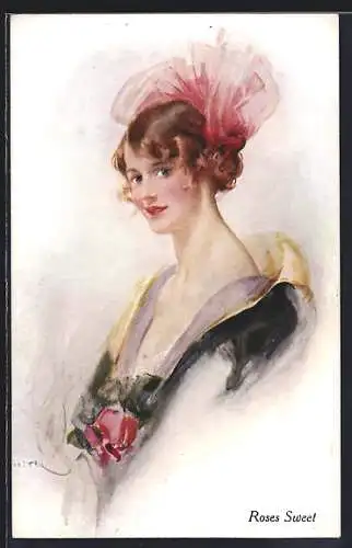 AK Roses Sweet, Junge elegante Dame mit Hut