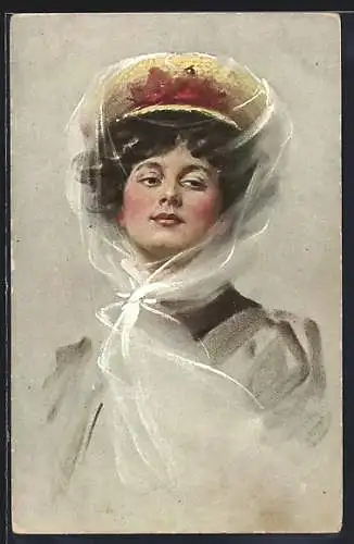AK Portrait einer dunkelhaarigen Dame mit Hut