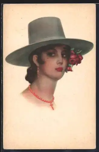 AK Junge elegante Dame mit Blumenhut