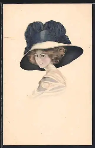 AK Junge hübsche Dame mit grossem Hut