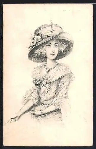 AK Junge elegante Dame mit Blumenhut