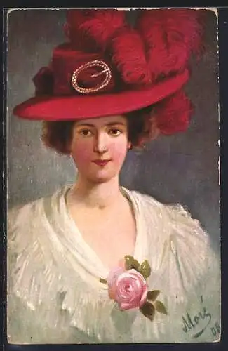 AK Junge elegante Dame mit Federhut