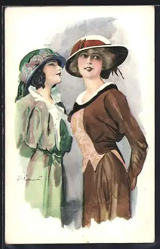 AK Zwei elegante junge Damen mit Hüten