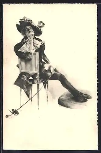 AK Junge hübsche Dame mit Hut und Degen