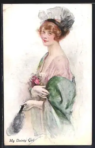 AK Junge elegante Dame mit Hut und Fächer