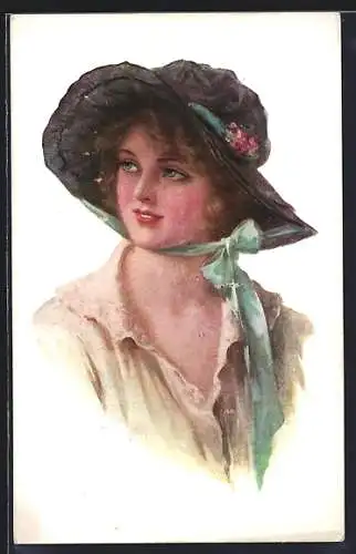 AK Junge hübsche Dame mit Blumenhut