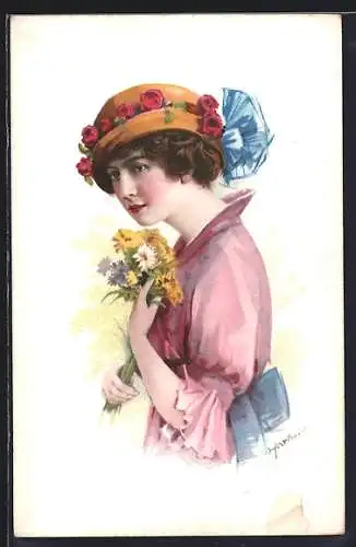 AK Junge Dame mit Hut und Blumen