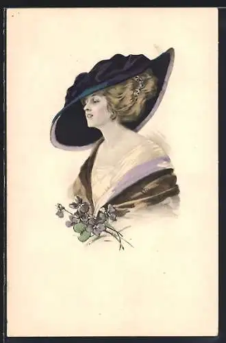 AK Junge elegante Dame mit grossem Hut