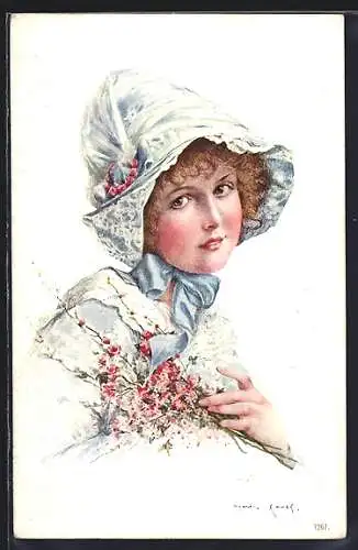 AK Junge hübsche Dame mit Haube