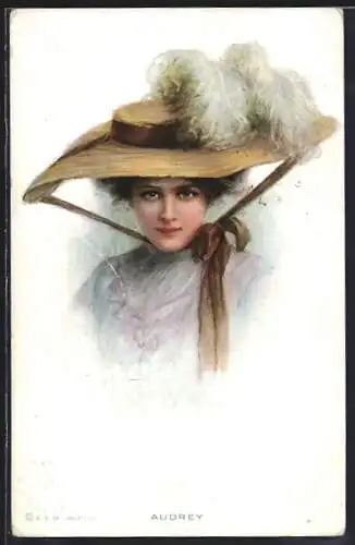 AK Junge elegante Dame mit Federhut