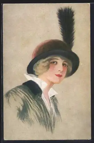 AK Junge hübsche Dame mit Federhut