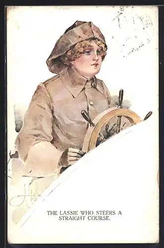 AK Junge Frau mit Hut am Steuerrad