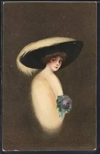 AK Junge Dame mit grossem Hut und Blumen