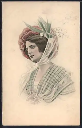 AK Junge hübsche Dame mit Blumenhut