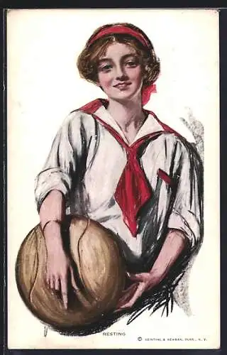 AK Junge Frau mit Haarband und einem Ball