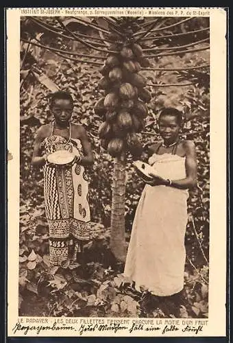 AK Le Papayer, Les deux Fillettes tiennent chacune la moitié d`un fruit, afrikanische Volkstypen