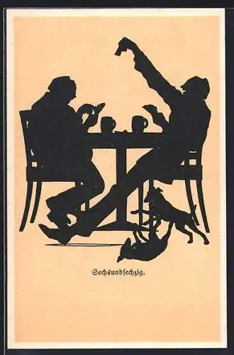 AK Schattenbild, Studenten am Tisch beim Kartenspiel, studentische Szene