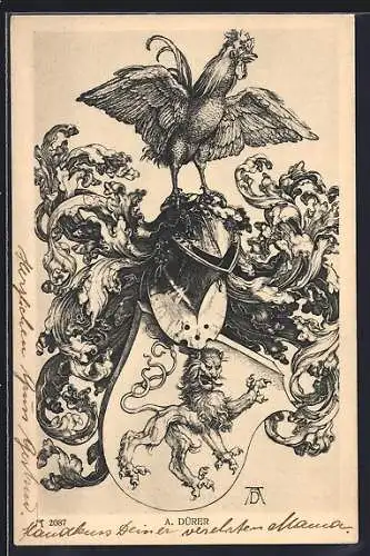 AK Wappen mit Hahn und Helm