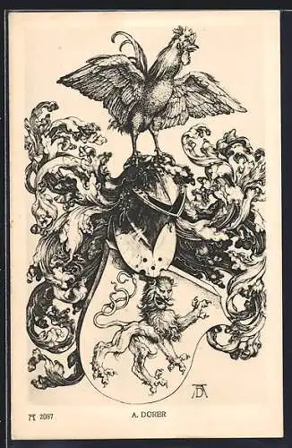 AK Wappen mit Helm und Hahn