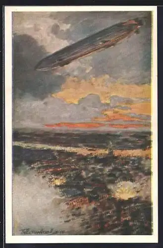Künstler-AK Themistokles von Eckenbrecher: Antwerpen, Zeppelin bei einem Luftangriff auf die Stadt