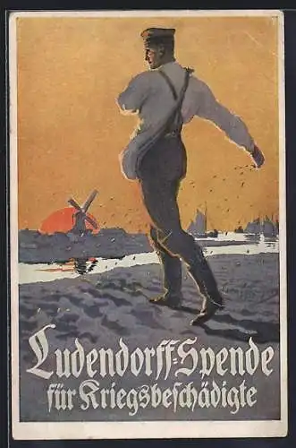 Künstler-AK Kriegshilfe, Ludendorff-Spende für Kriegsbeschädigte, Bauer säht Getreide aus