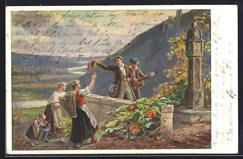 AK Wanderer wandern singend durch eine Gegend und begrüssen Bauernfrauen