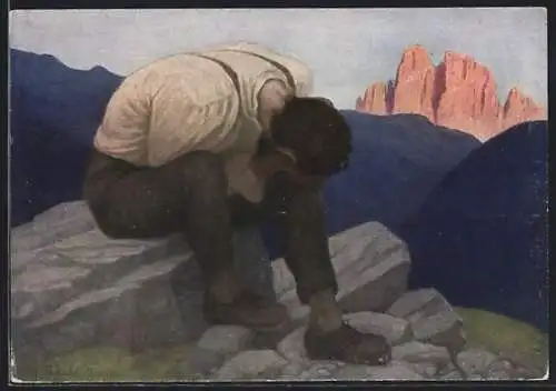 Künstler-AK Th. Walch: Geknechtet, Tiroler sitzt in sich zusammengefallen auf einem Stein