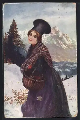 Künstler-AK Vorarlbergerin in Tracht im Schnee